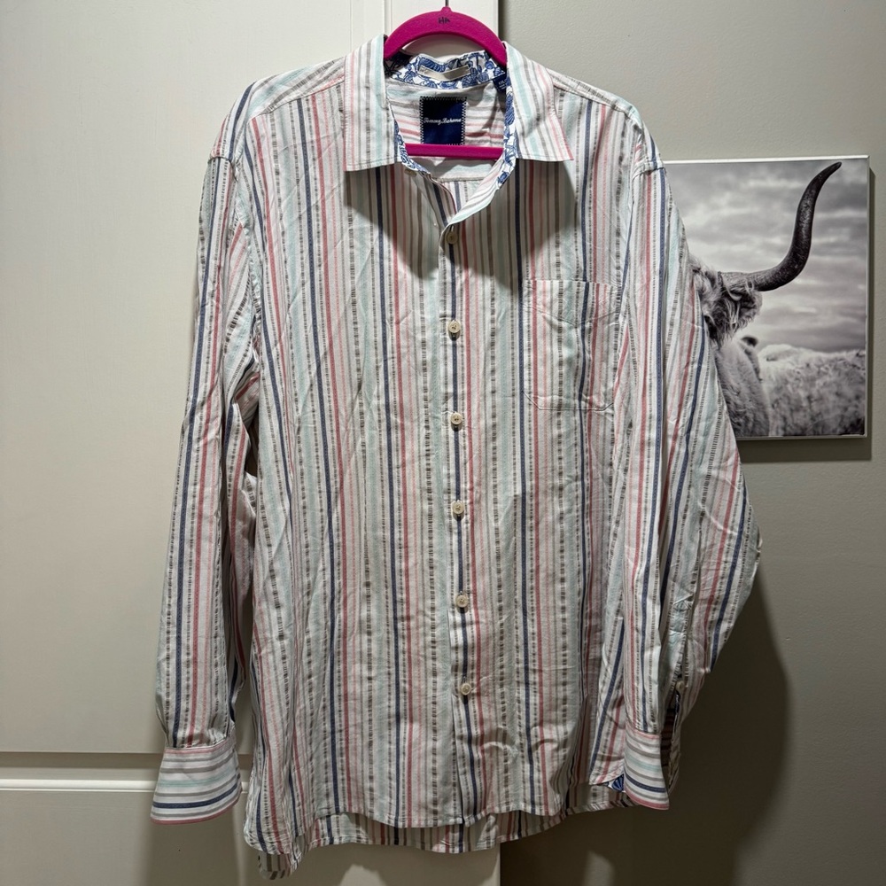 Tommy Bahama Shirt Mens 2XL White Blue Striped Cotton Button Up Long Sleeve